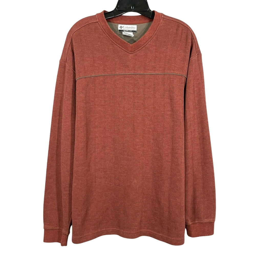 VTG COLUMBIA Men's RUST RED RIBBED KNIT Sweatshirt PULLOVER V-Neck Shirt L